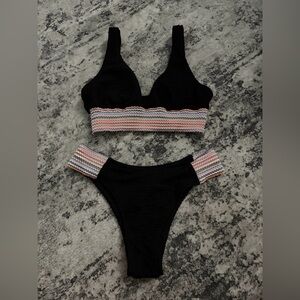Black Two-Piece Women's Swim Set with Multicolor Trim